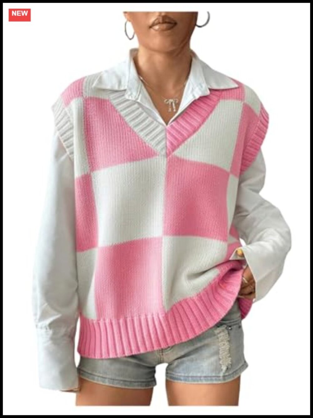 Oversized V-Neck Cap Sleeve Sweater Vest Plaid 100% Acrylic Knit
